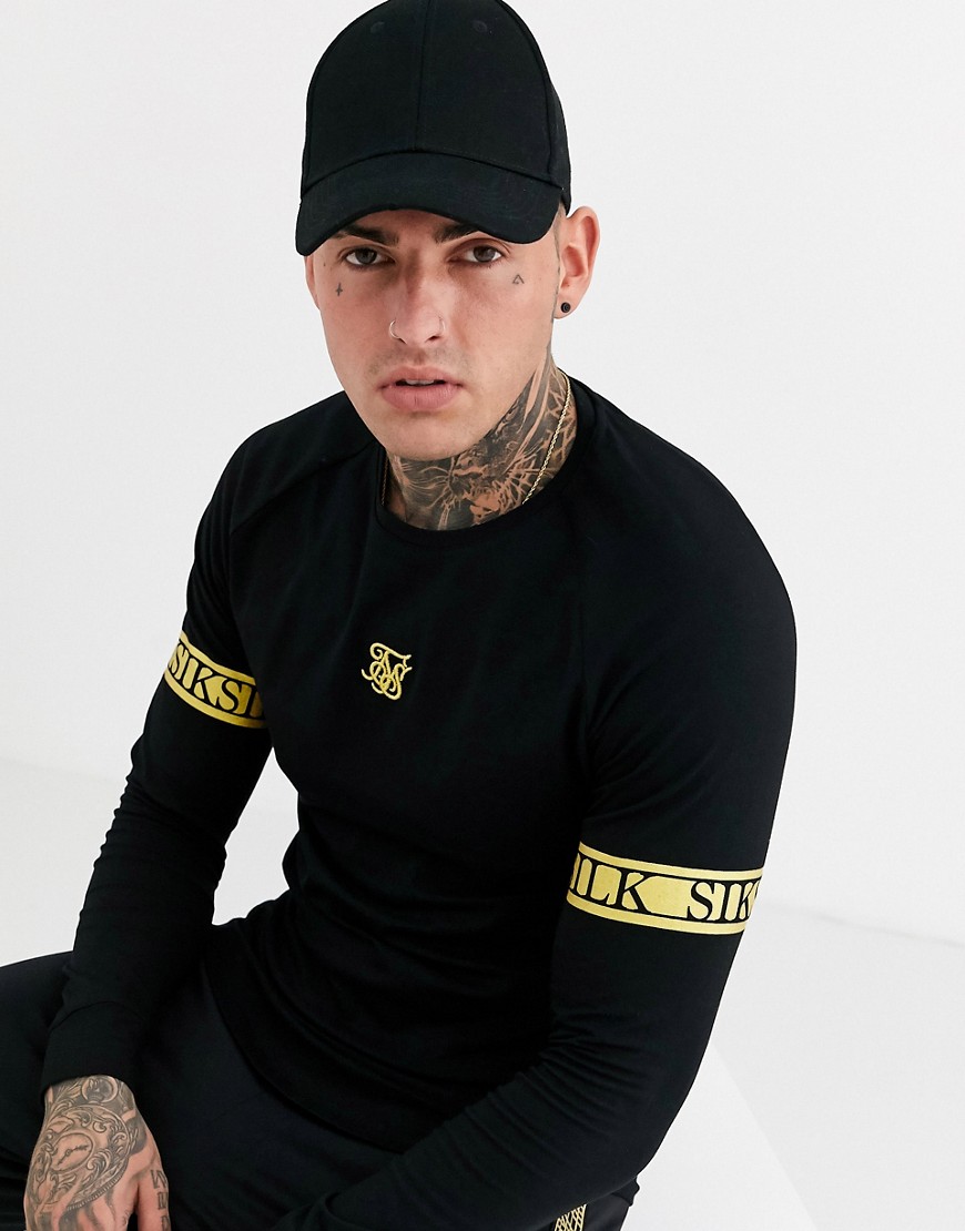 SikSilk muscle fit long sleeve t-shirt with arm logo in gold-Black