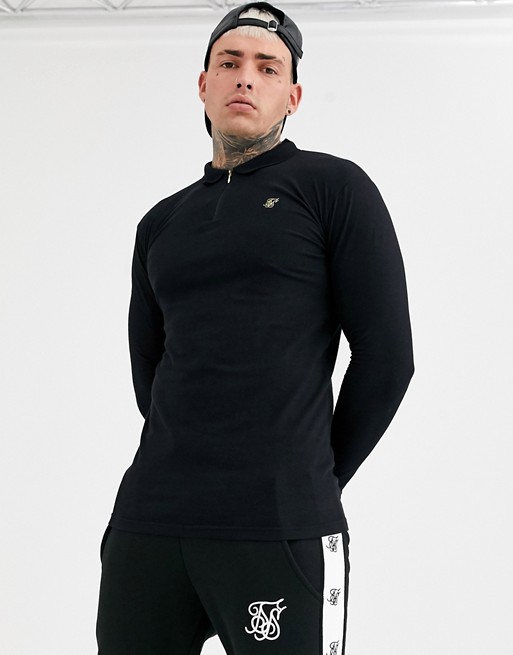 SikSilk muscle fit long sleeve t-shirt with zip detail in black