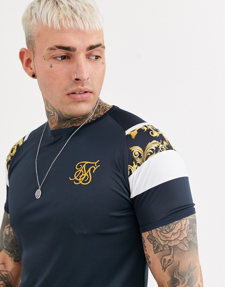 SikSilk muscle t-shirt in navy with arm print