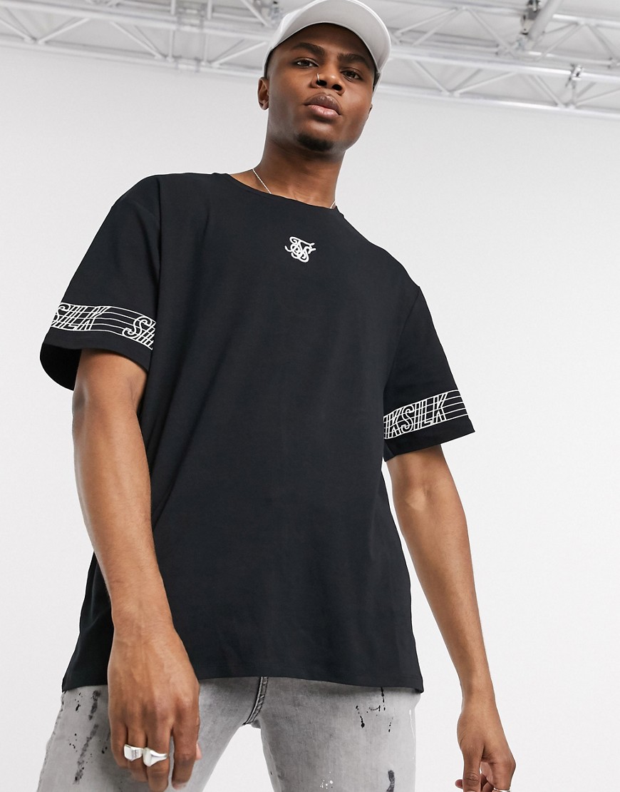 SikSilk oversized t-shirt in black logo sleeve detail-Nero