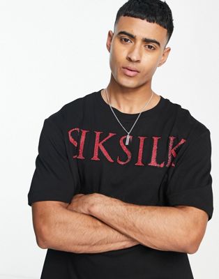 Siksilk oversized t-shirt in black with red rhinestone logo