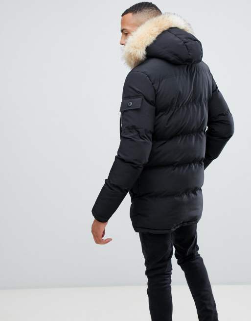 Siksilk puffer parka jacket with faux fur hood store in black