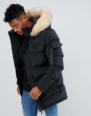 siksilk parka jacket with faux fur hood in black