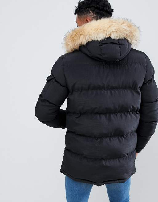 Siksilk parka jacket with best sale faux fur hood in black