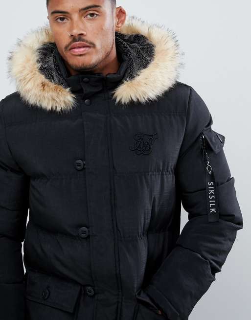 Siksilk parka jacket with faux fur store hood in black