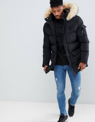 siksilk parka jacket with faux fur hood