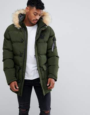 siksilk parka jacket with faux fur hood in black