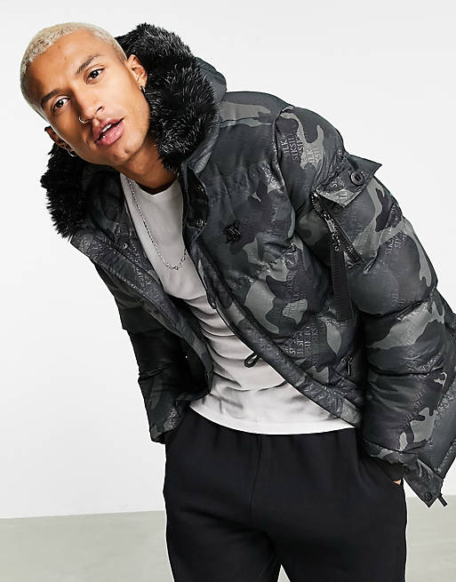 SikSilk puff padded parka coat with fur hood in camo