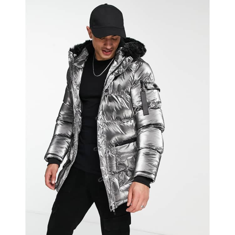 SikSilk puff padded parka with faux fur hood in metallic grey ASOS