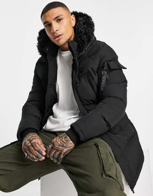 SikSilk puff padded parka with fur hood in black ASOS