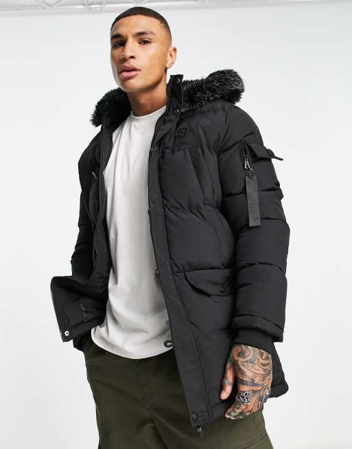 Siksilk parka jacket with faux fur store hood in black