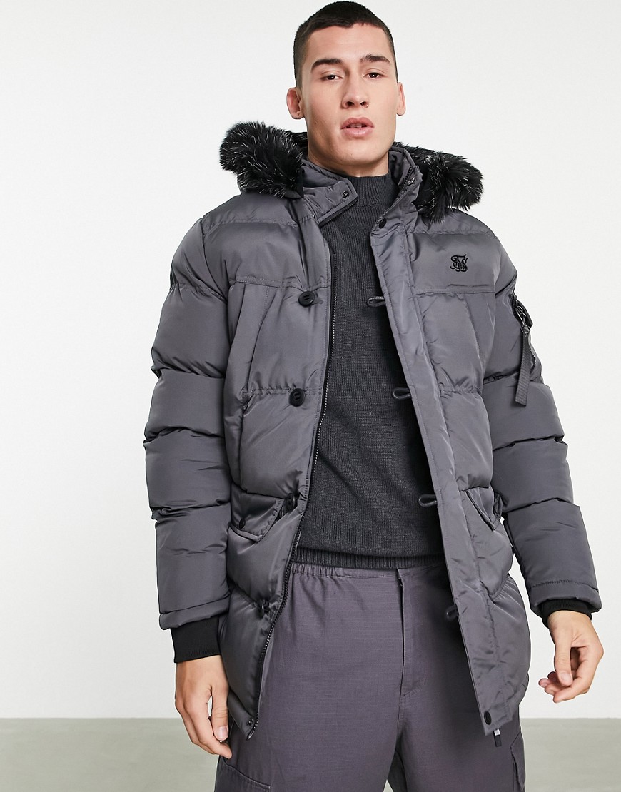Siksilk Puff Padded Parka With Fur Hood In Gray-grey | ModeSens