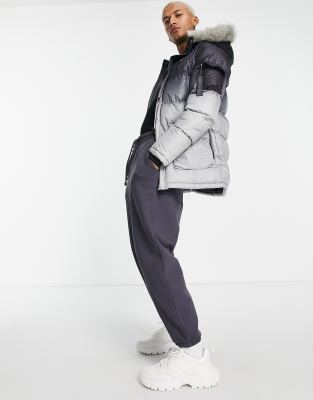 SikSilk puff padded parka with fur hood in grey fade - ASOS Price Checker
