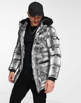 SikSilk puff padded parka with fur hood in metallic grey