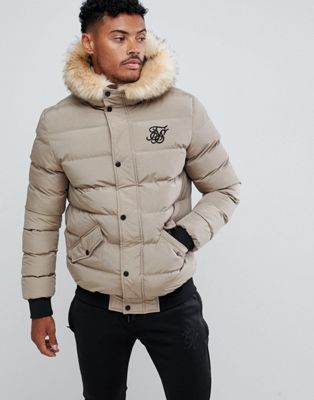 SikSilk puffer jacket with faux fur hood in beige | ASOS