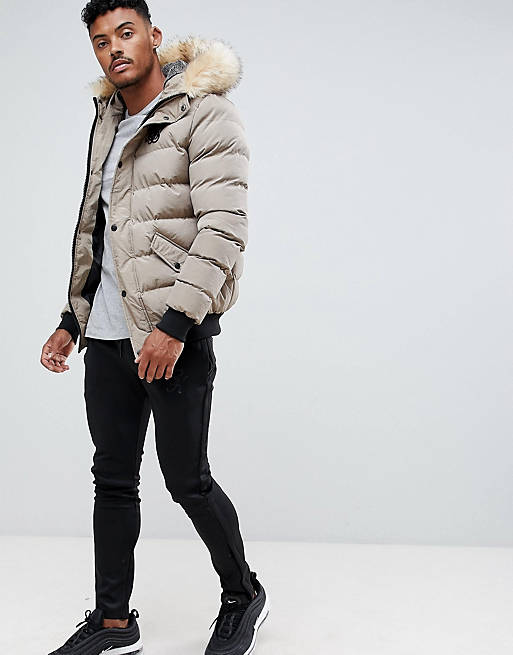 Siksilk Puffer Jacket With Faux Fur, Beige Puffer Coat With Fur Hood