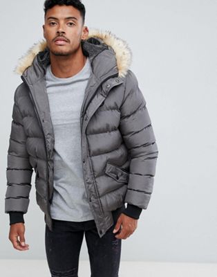 SikSilk puffer jacket with faux fur hood in gray | ASOS