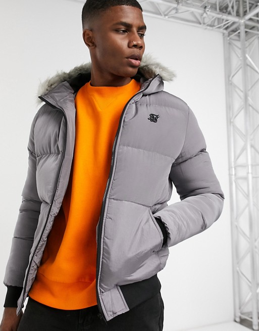 Siksilk puffer jacket with faux fur hood in grey
