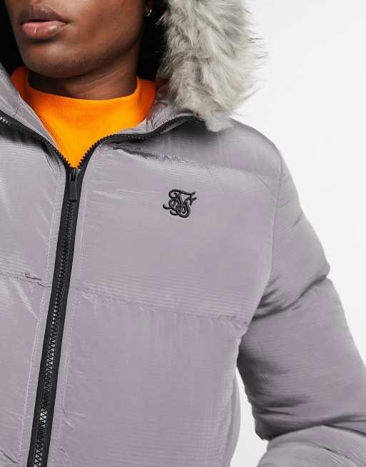 Siksilk puffer jacket with faux fur hood in grey