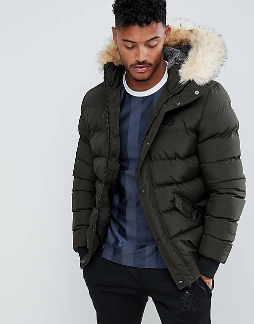 SikSilk puffer jacket with faux fur hood in khaki | ASOS