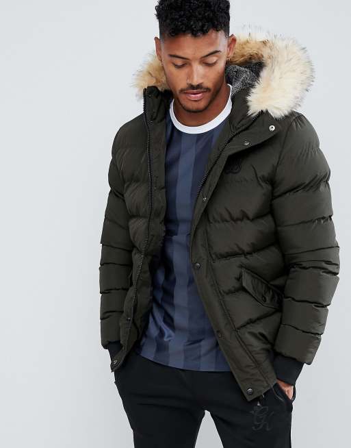 SikSilk puffer jacket with faux fur hood in khaki | ASOS