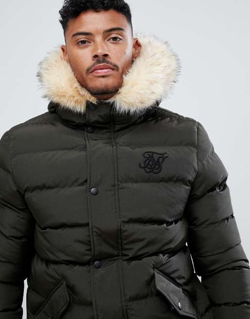 puffer jacket with faux fur hood in khaki ASOS