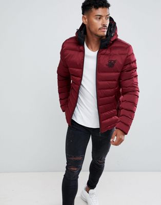 SikSilk puffer jacket with hood in burgundy | ASOS