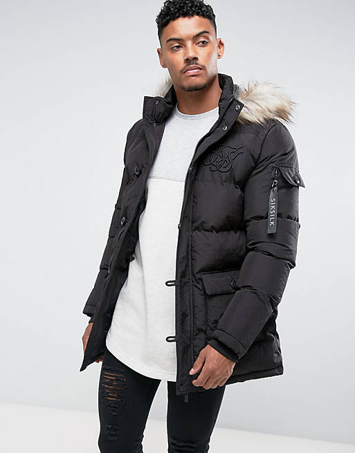 SikSilk Puffer Parka In Black With Faux Fur Hood | ASOS