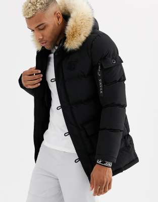 siksilk puffer jacket with faux fur hood