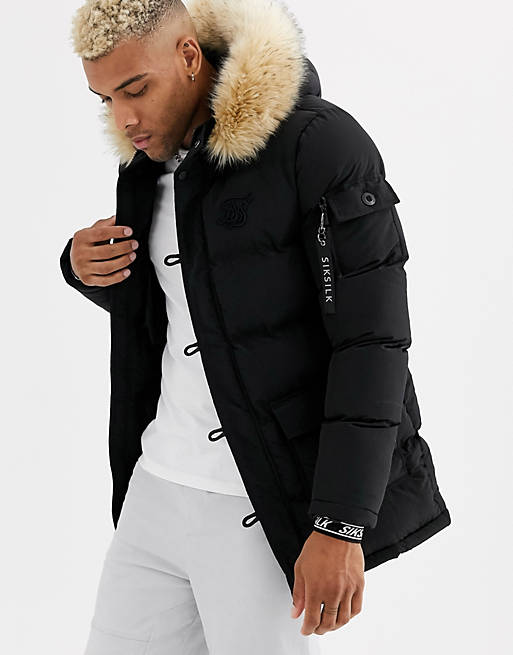 Siksilk Puffer Parka Jacket With Faux, Mens Parka Coats With Fur Hood Asos