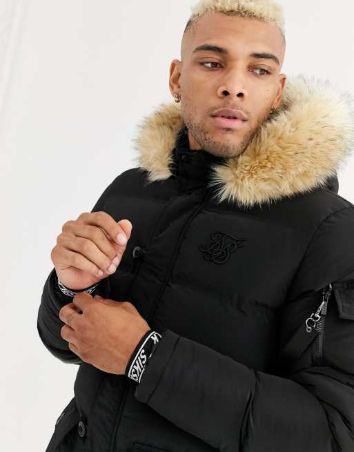 SikSilk puffer parka jacket with faux fur hood in black