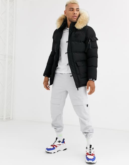 Siksilk parka jacket with faux fur hood 2024 in black