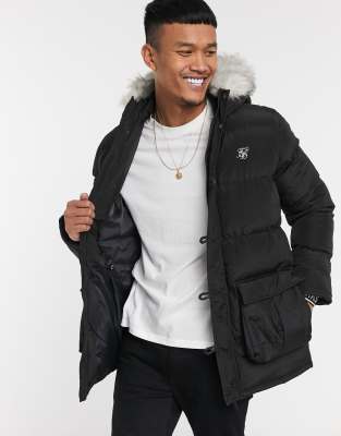 siksilk puffer jacket with faux fur hood