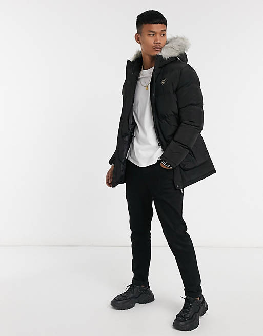 Siksilk Puffer Parka Jacket With Faux, Mens Parka Coats With Fur Hood Asos