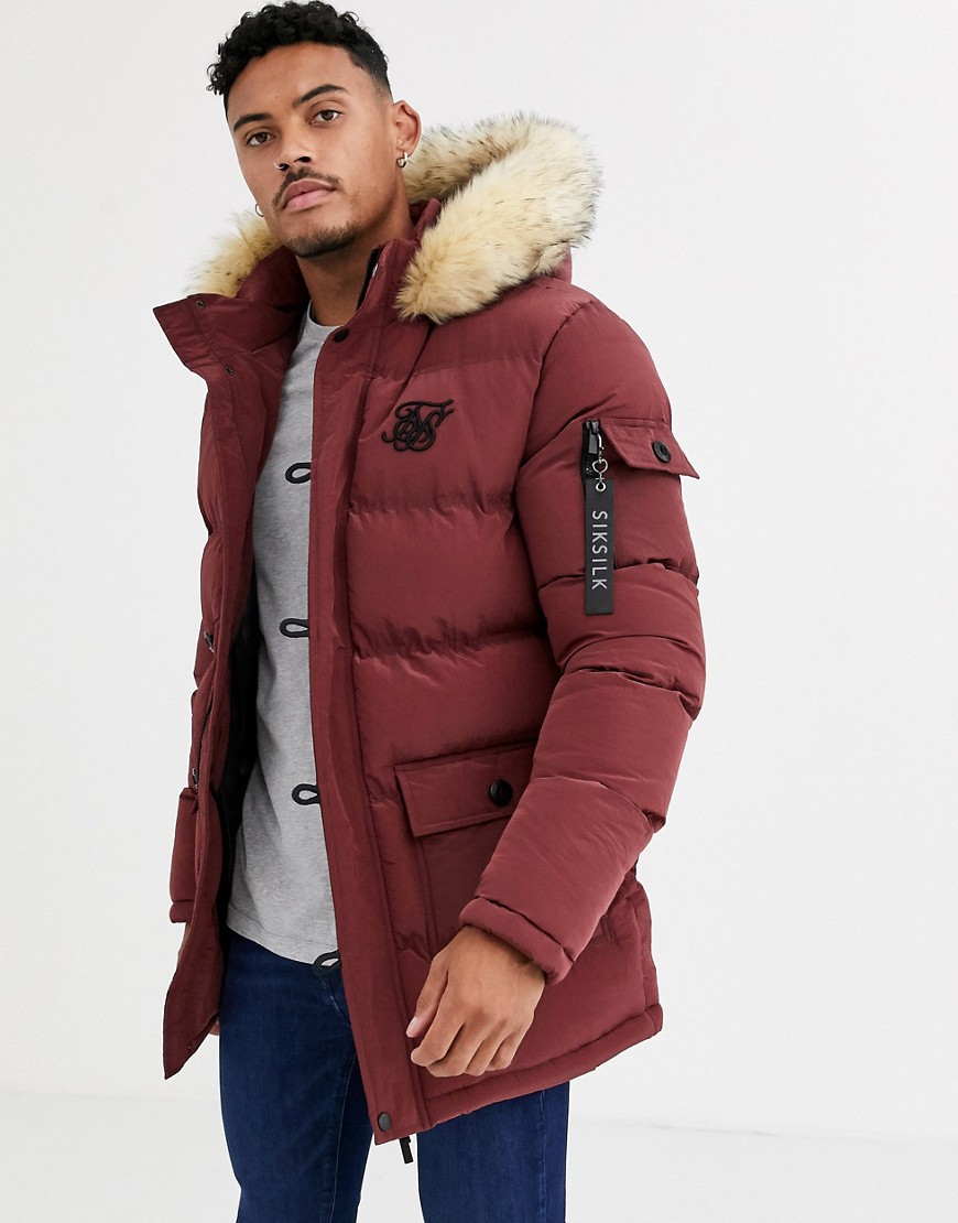 SikSilk puffer parka jacket with faux fur hood in burgundy-Red