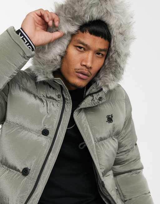 Siksilk puffer parka jacket with faux fur hood in green