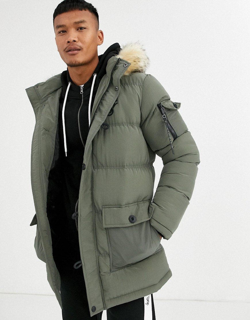 SikSilk puffer parka jacket with faux fur hood in khaki-Green