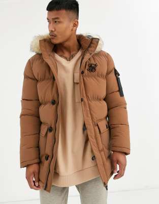 siksilk parka jacket with faux fur hood