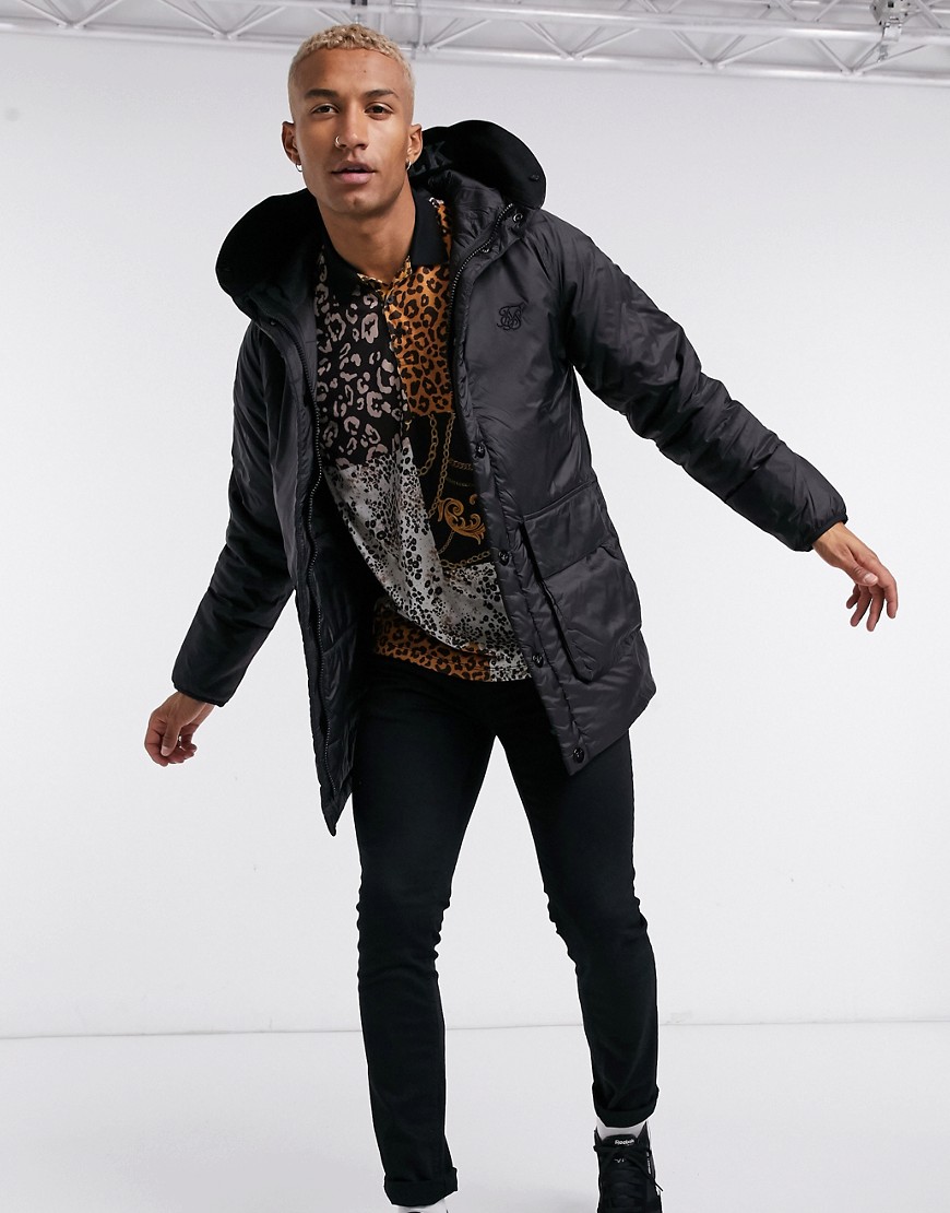 Siksilk puffer parka with logo hood in black