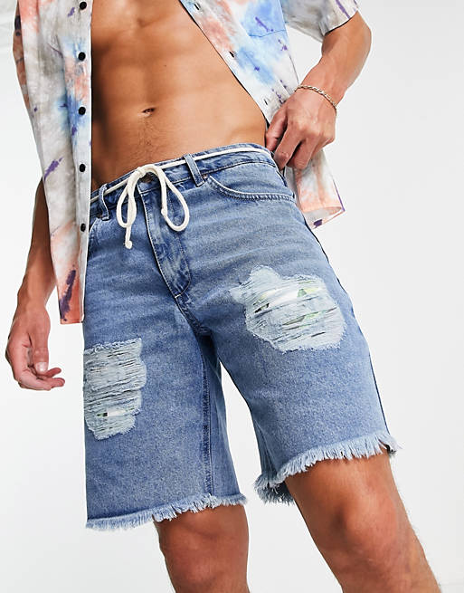 Siksilk relaxed floral pixel denim shorts in blue