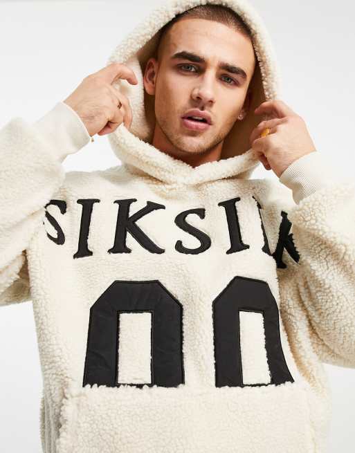 Siksilk sherpa oversized hoodie in beige with oversized logo embroidery