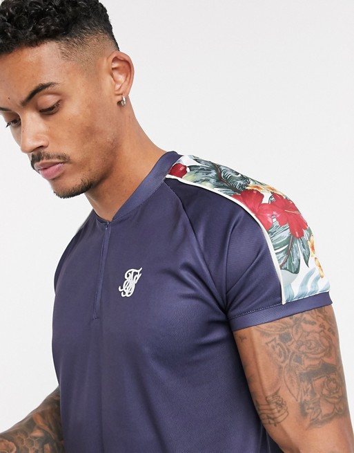 SikSilk short sleeve baseball jersey in navy with floral print