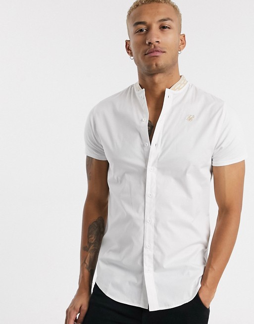 SikSilk short sleeve shirt with tape grandad collar in white