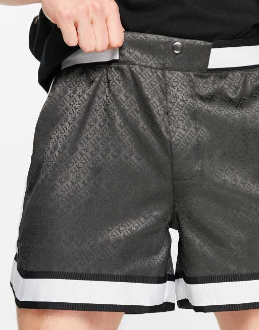 SikSilk shorts in black with taping detail and all over logo print, 3 of 4
