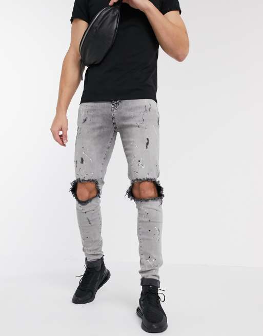 SikSilk skinny jeans with paint splat and knee rips in gray