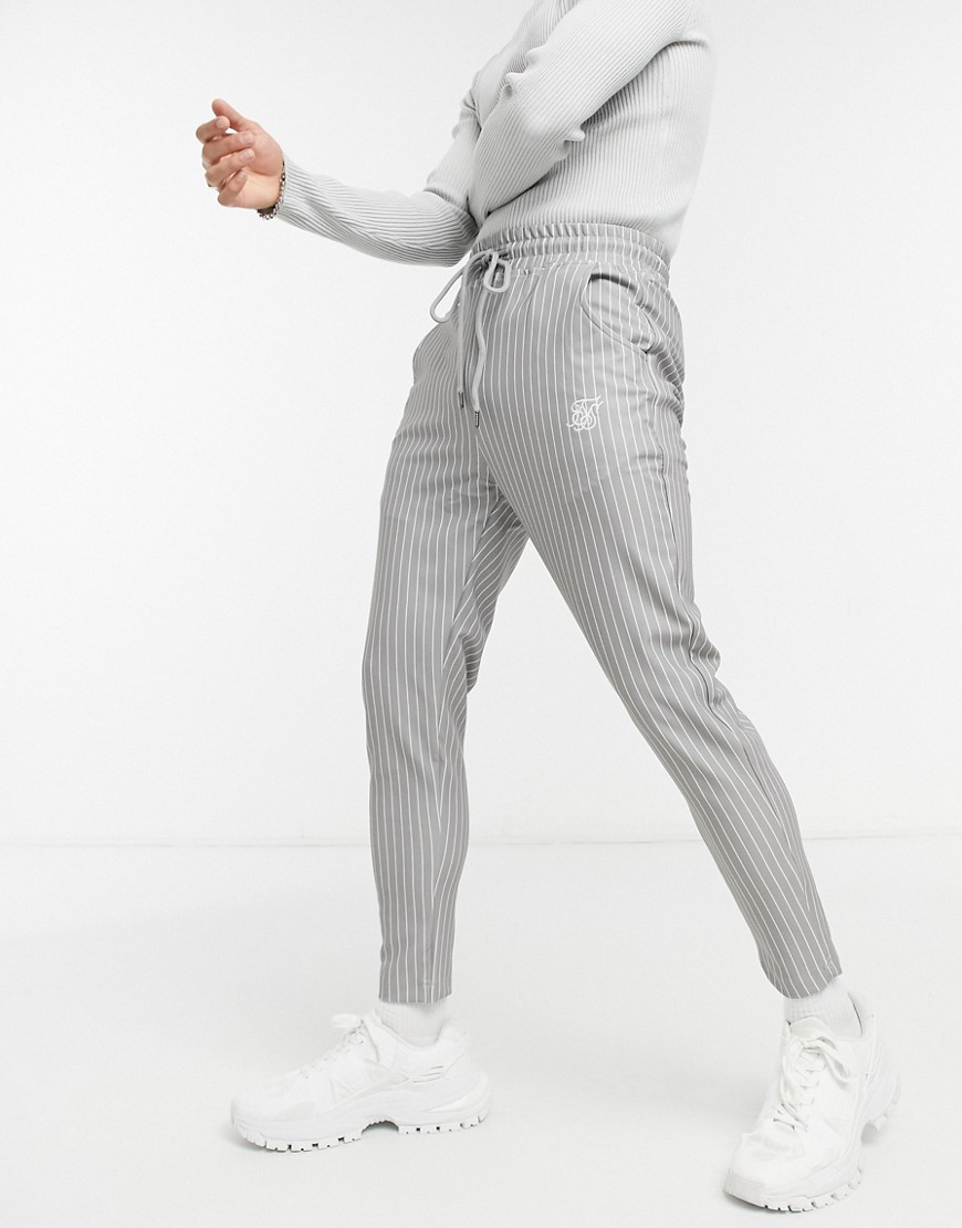 SikSilk slim cropped pants in gray pinstripe-Grey