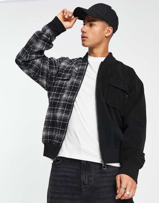 SikSilk spliced bomber jacket in black and gray plaid | ASOS