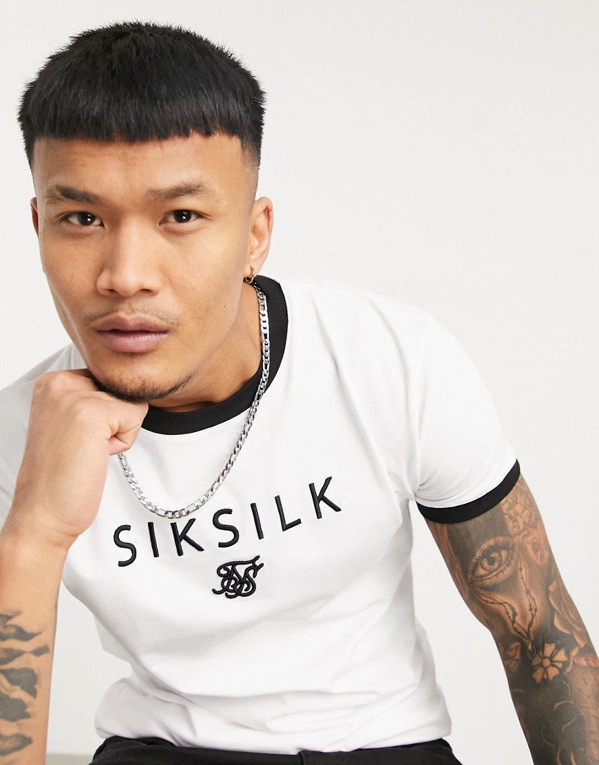 SikSilk straight hem gym t-shirt with centre logo and ringer neck in white