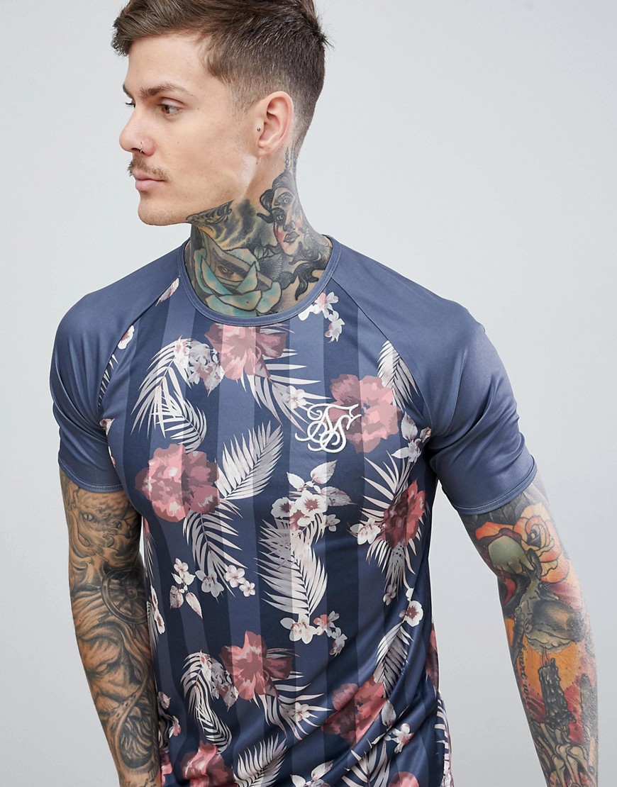 SikSilk - T-shirt attillata a maniche corte con stampa floreale-Navy