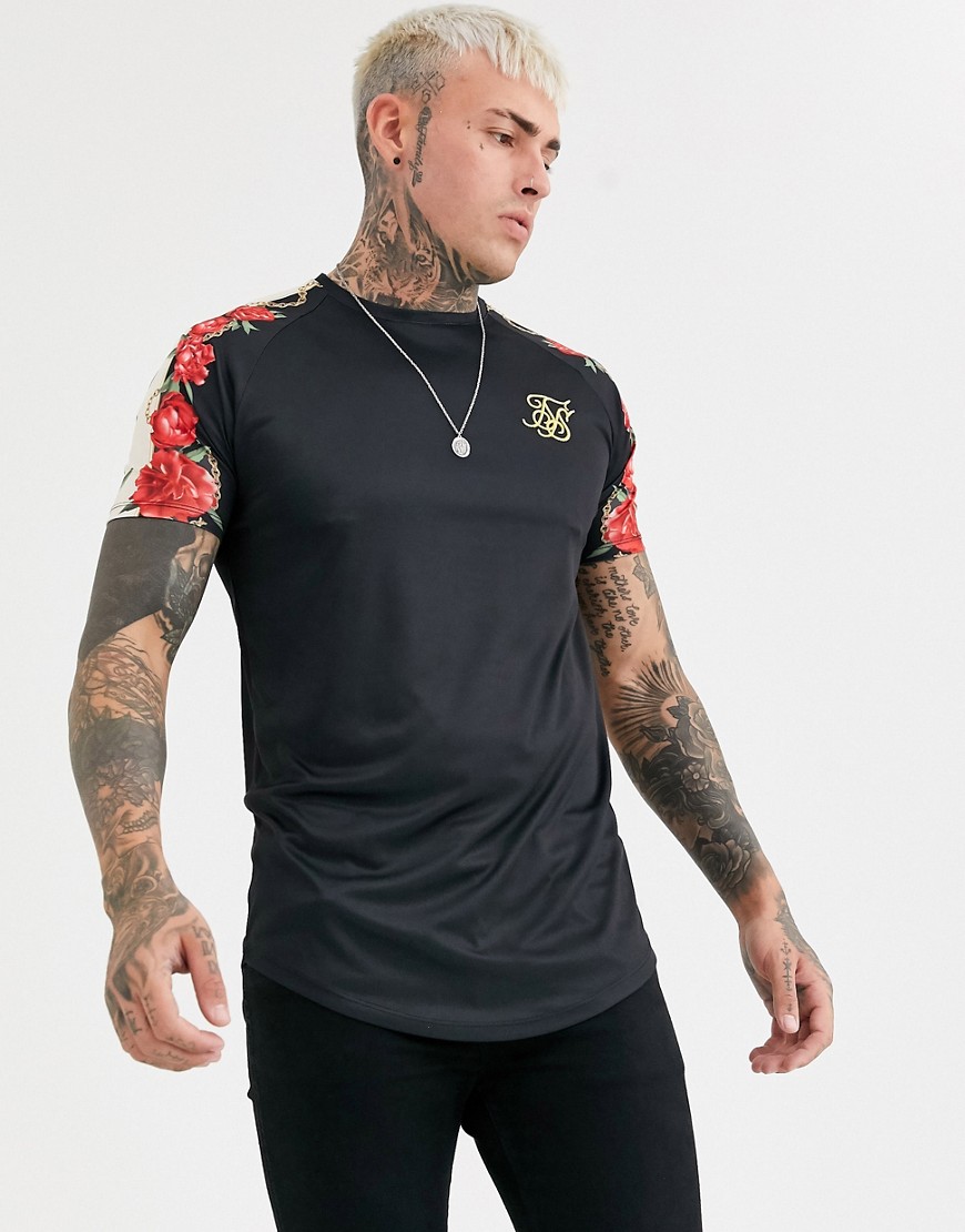 SikSilk – T-shirt i muscle-modell med blommönster i sidan-Svart